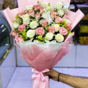 Pink White Roses with Babybreath Bouquet