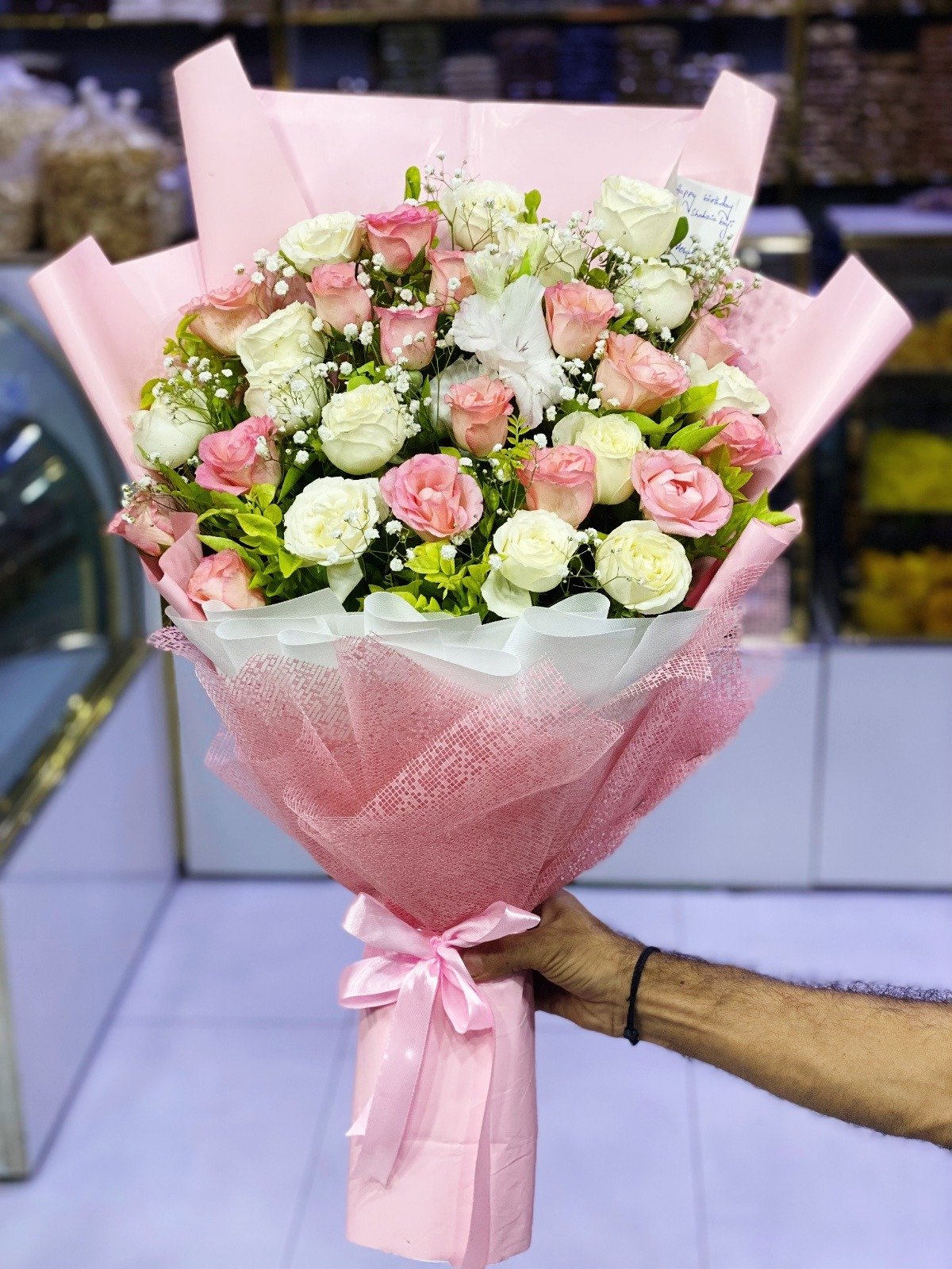 Pink White Roses with Babybreath Bouquet