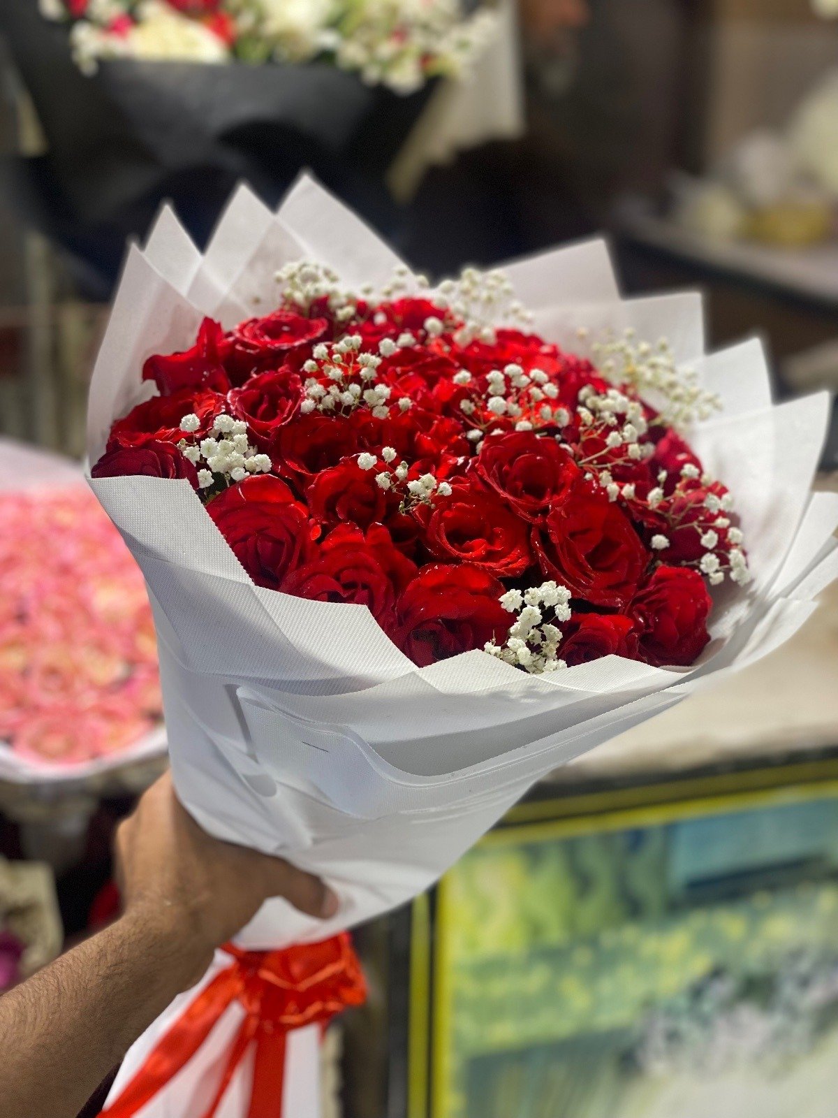 Red Roses with Baby Breath